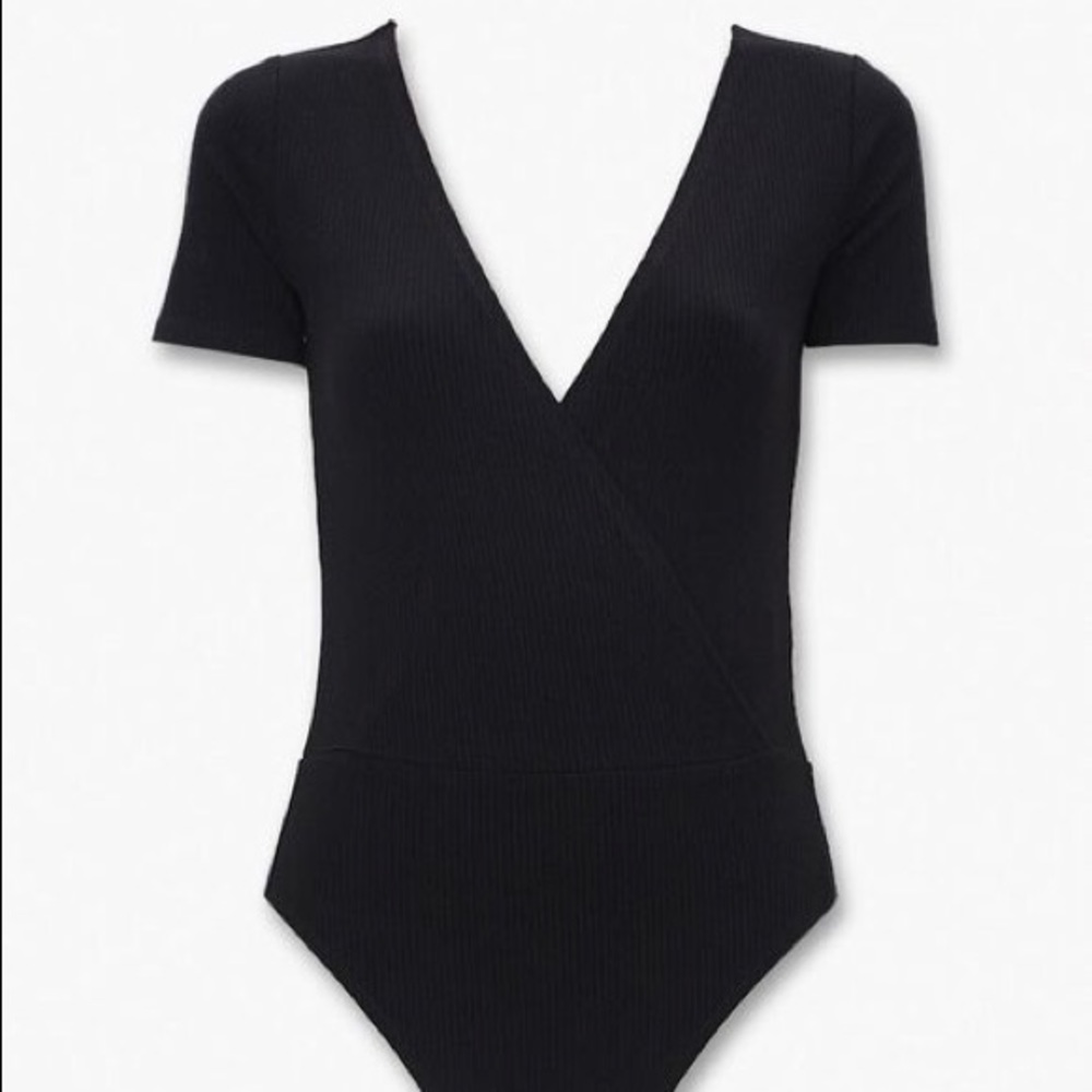 forever 21 black ribbed surplice bodysuit